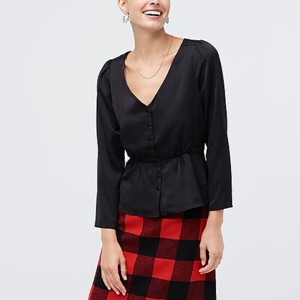 J. Crew Black V-Neck Blouse with peplum hem